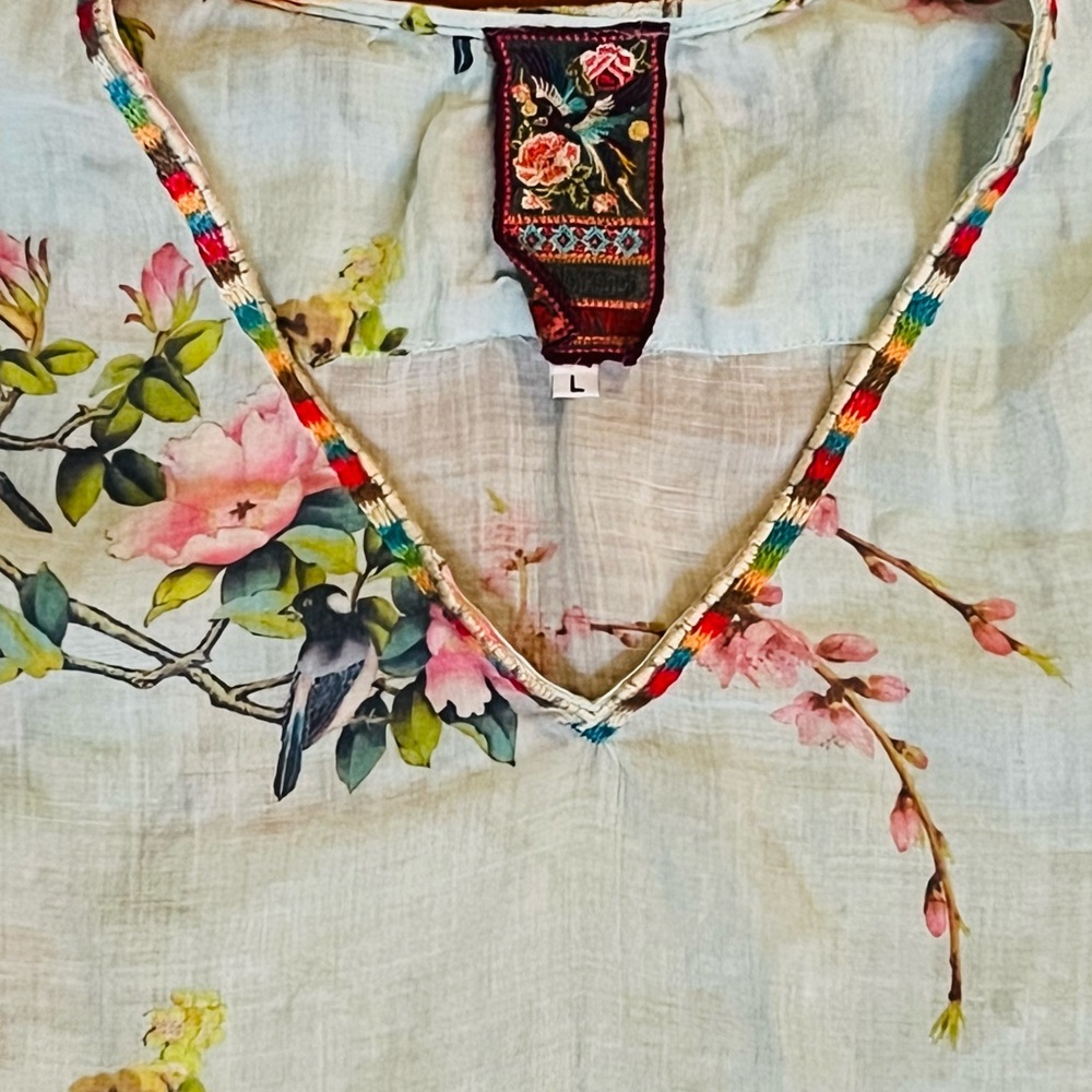Johnny Was Light Blue Floral V-Neck Blouse - Picture 2 of 10